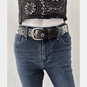 Black Studded Grommet Belt Faux Leather Punk Metal Style Fashion size XS